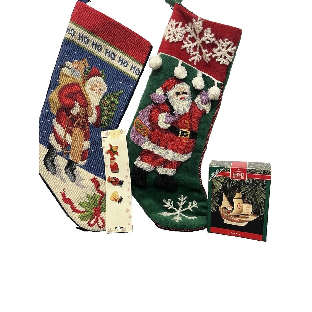 Christmas Santa Lot Needlepoint Stockings Hallmark Keepsake Ornament Hat Pins
